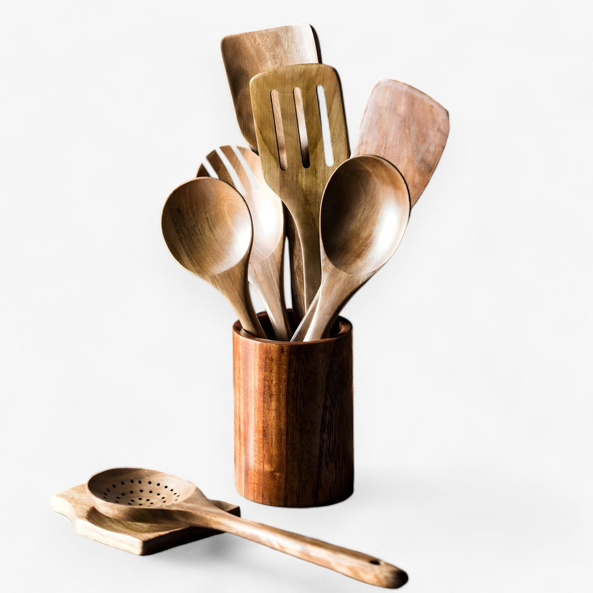 Elegantes Teakholz-Küchenhelfer-Set – 9-teilig, mit Halter