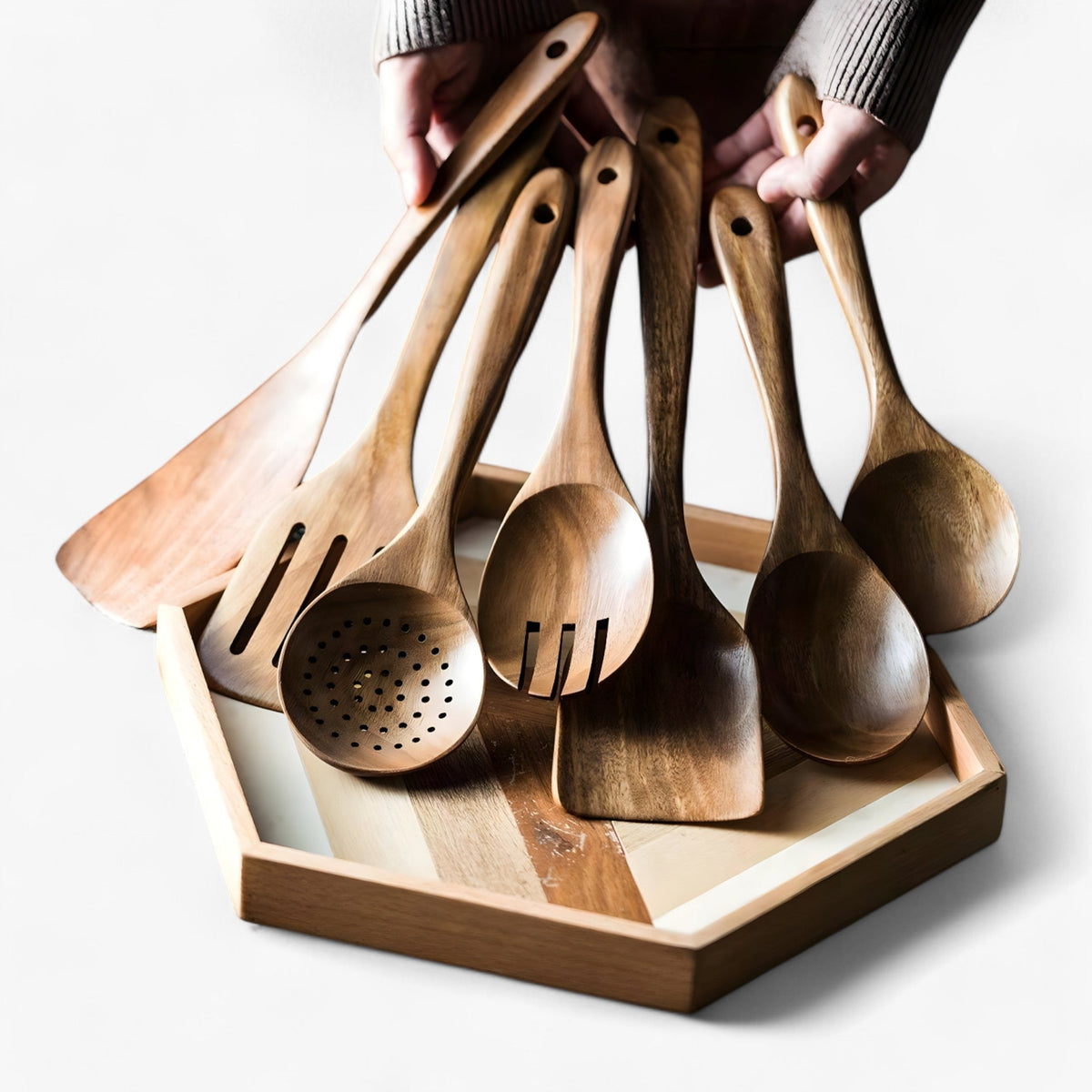 Elegantes Teakholz-Küchenhelfer-Set – 9-teilig, mit Halter