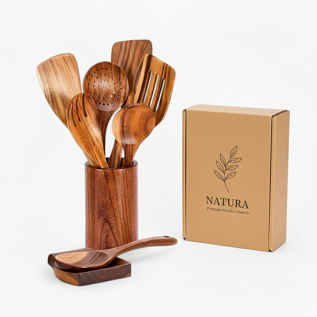 Elegantes Teakholz-Küchenhelfer-Set – 9-teilig, mit Halter