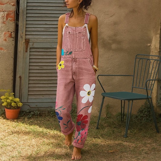 Elegante Jeans-Latzhose mit Blumenmuster