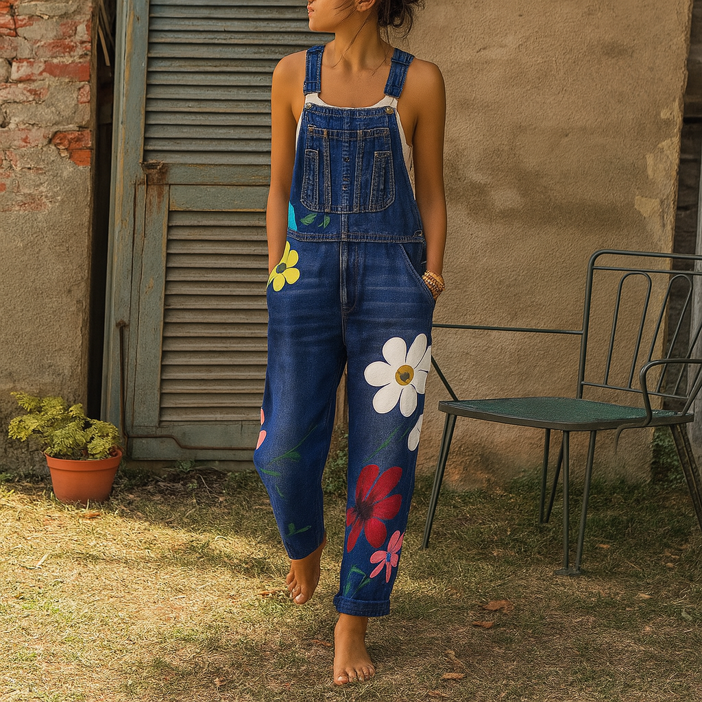 Elegante Jeans-Latzhose mit Blumenmuster