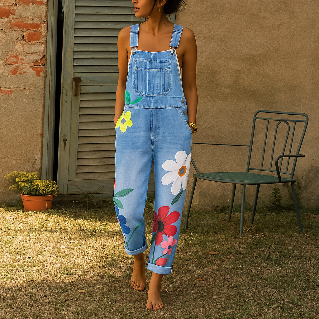 Elegante Jeans-Latzhose mit Blumenmuster