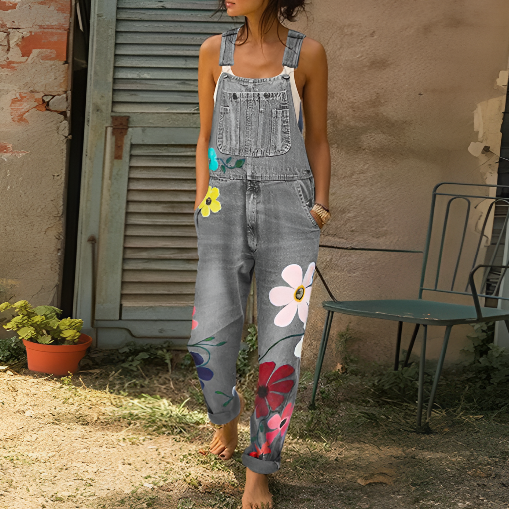 Elegante Jeans-Latzhose mit Blumenmuster
