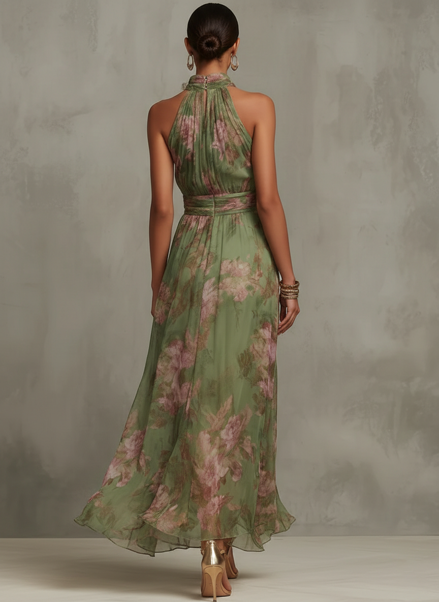 Elegantes grünes langes Boho-Kleid für einen formellen Look als Hochzeitsgast