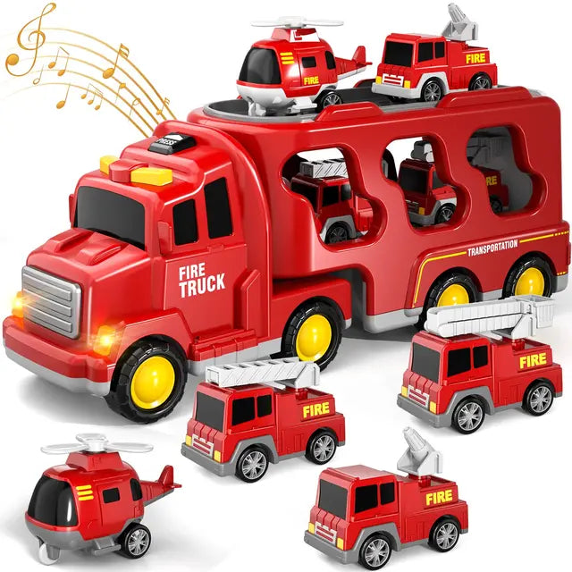 Doppelstöckiges Lastwagen-Spielset – Feuerwehr- und Baustellenthema, mit Musik