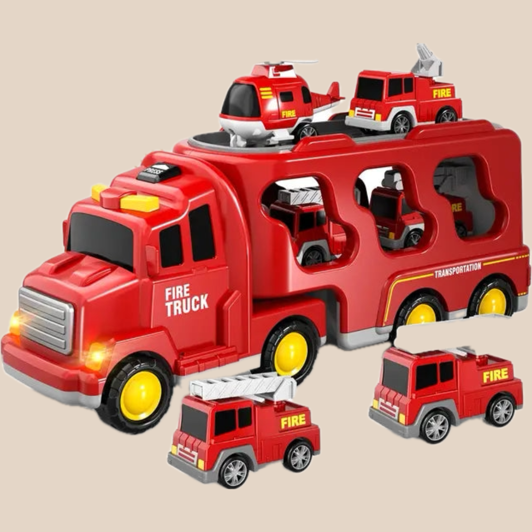 Doppelstöckiges Lastwagen-Spielset – Feuerwehr- und Baustellenthema, mit Musik
