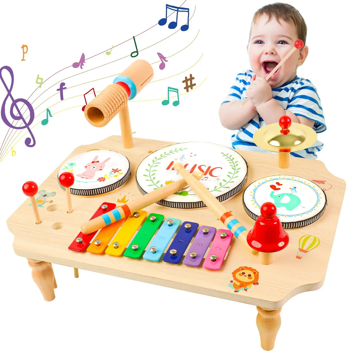Kinder-Musikinstrumenten-Set aus Holz mit Xylophon und Trommeln
