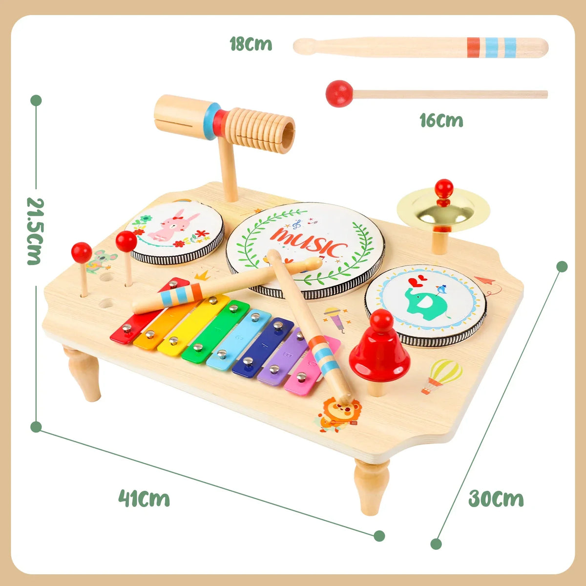 Kinder-Musikinstrumenten-Set aus Holz mit Xylophon und Trommeln