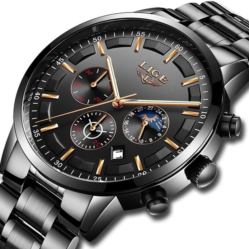 Schwarze Edelstahl-Armbanduhr
