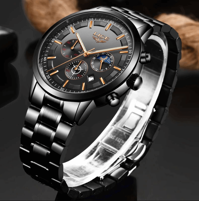 Schwarze Edelstahl-Armbanduhr