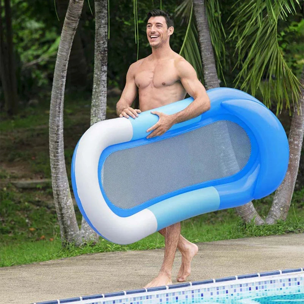 Aufblasbare Luftmatratze mit kühlendem Netz und Kissen – bequeme Wasserhängematte für Strand- und Poolentspannung