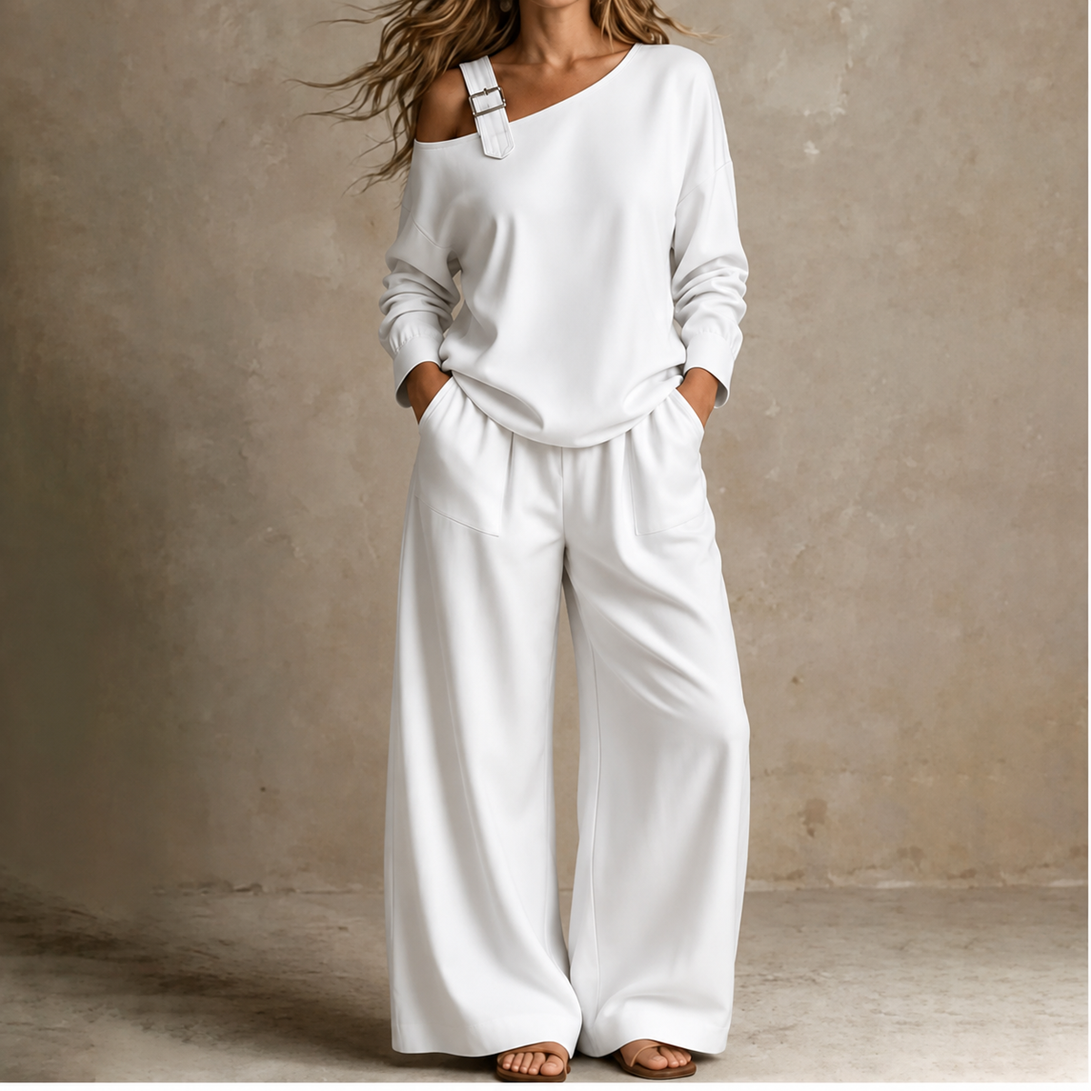 Set aus One-Shoulder-Oberteil und Hose mit weitem Bein