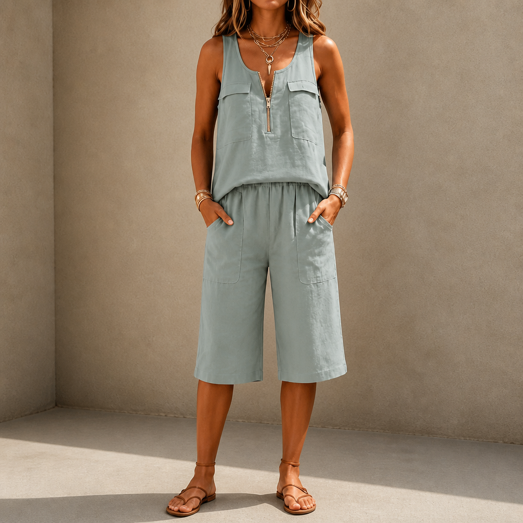 Ärmelloses Oberteil mit halbem Reissverschluss und Shorts Set