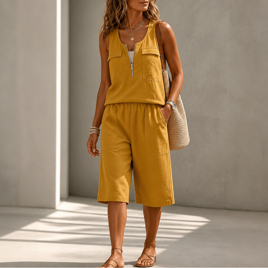 Ärmelloses Oberteil mit halbem Reissverschluss und Shorts Set