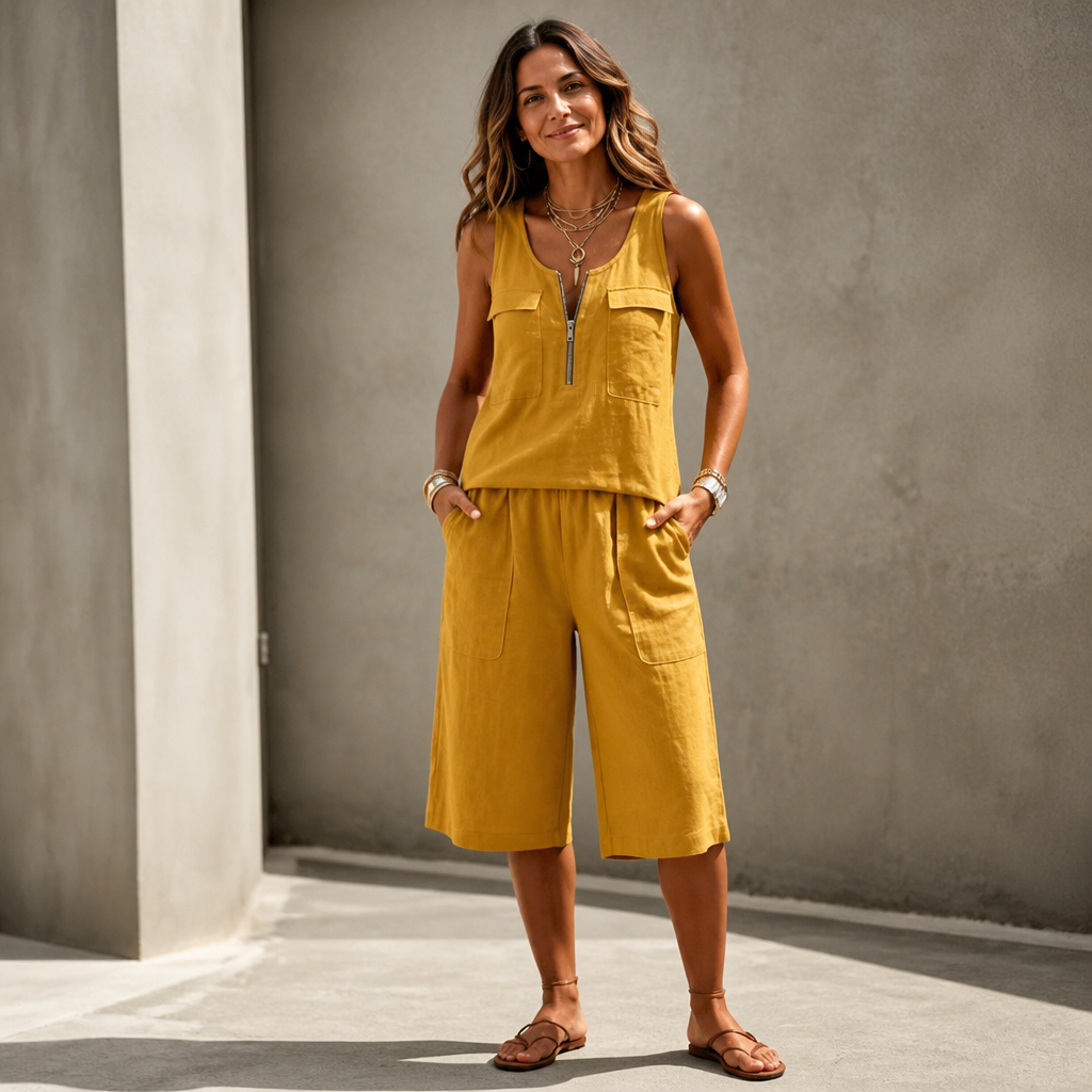 Ärmelloses Oberteil mit halbem Reissverschluss und Shorts Set