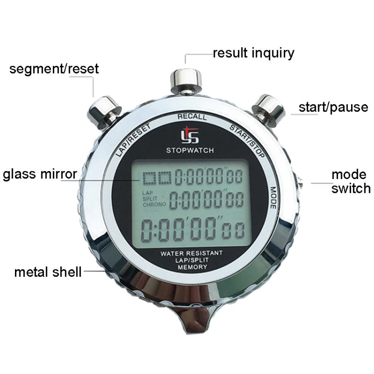 Metall-Stoppuhr mit 3-zeiligem Display für Lauftraining, elektronischer Timer, Modell: YS-5100 100 Speicher