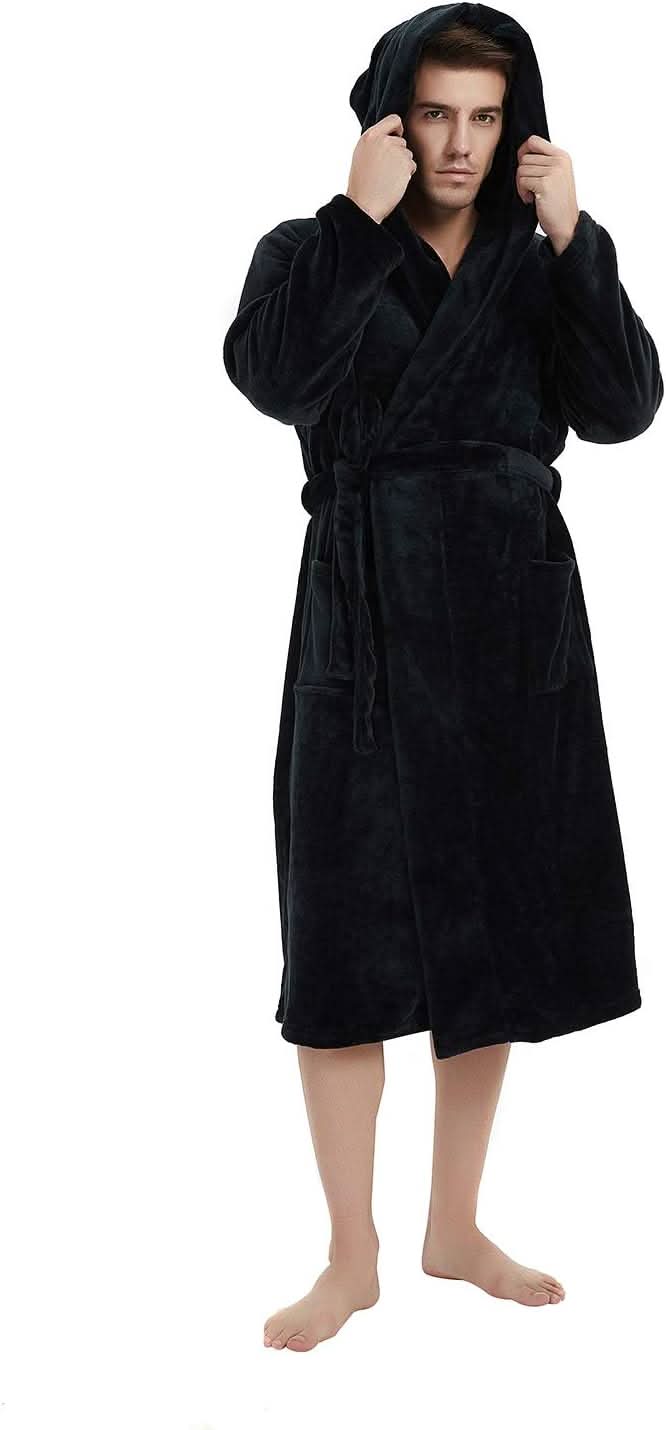 Herren-Fleece-Bademantel mit Kapuze – Schwarz-Grau
