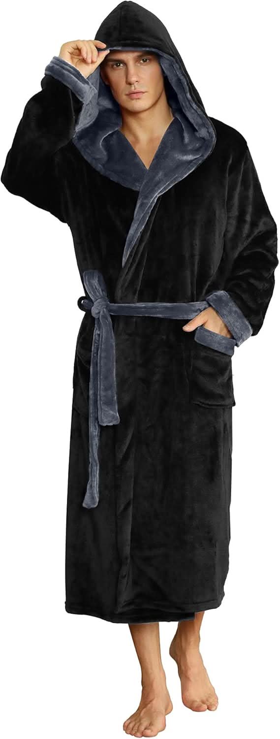 Herren-Fleece-Bademantel mit Kapuze – Schwarz-Grau