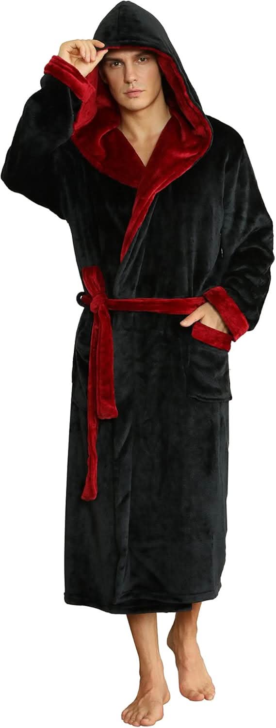 Herren-Fleece-Bademantel mit Kapuze – Schwarz-Grau