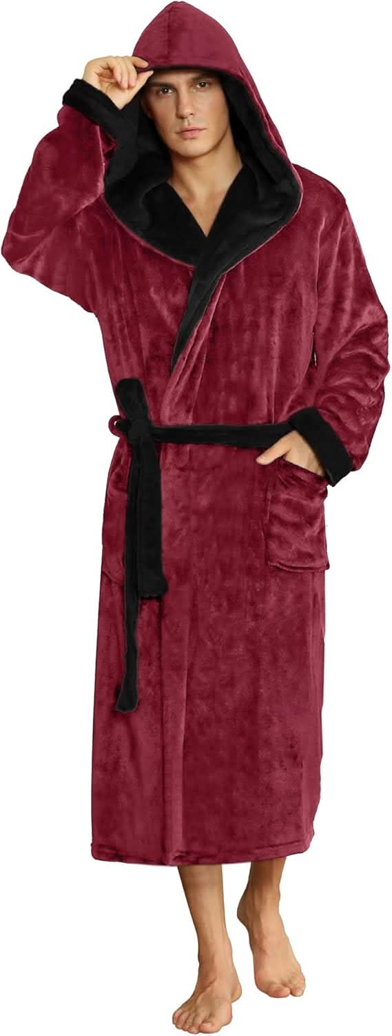 Herren-Fleece-Bademantel mit Kapuze – Schwarz-Grau