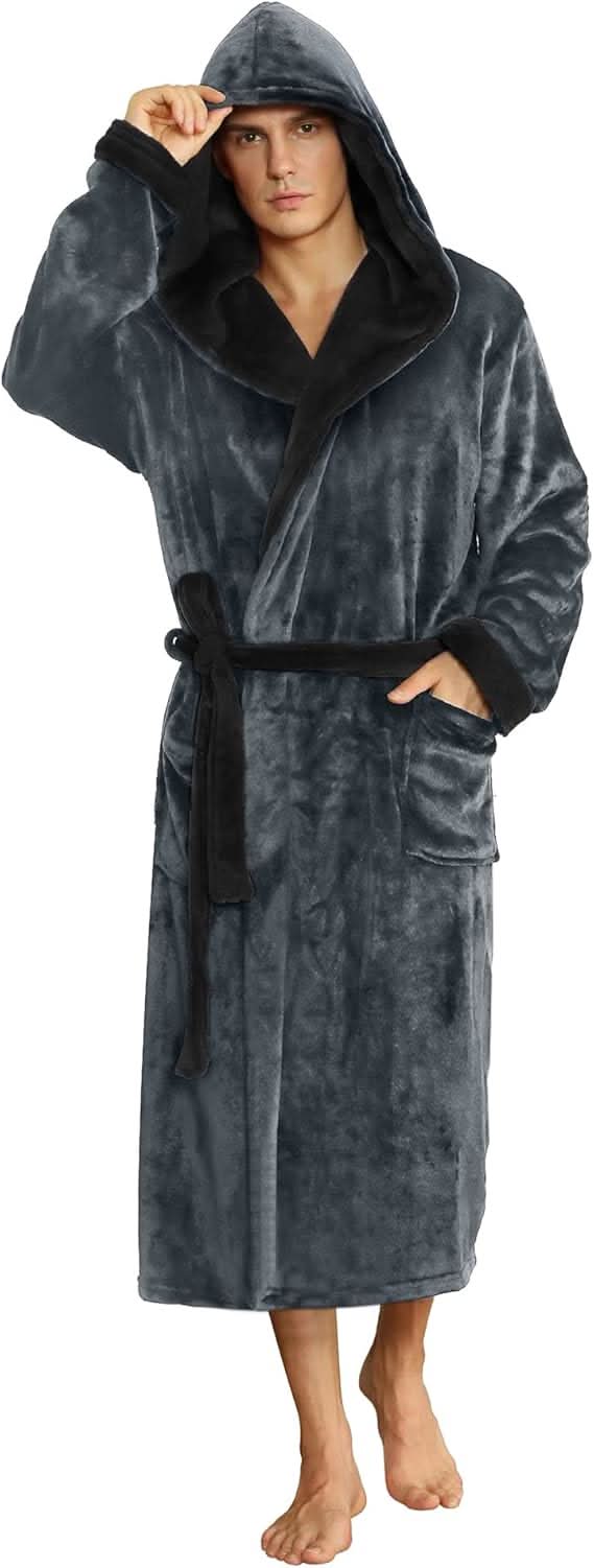 Herren-Fleece-Bademantel mit Kapuze – Schwarz-Grau