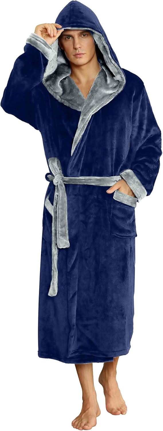 Herren-Fleece-Bademantel mit Kapuze – Schwarz-Grau