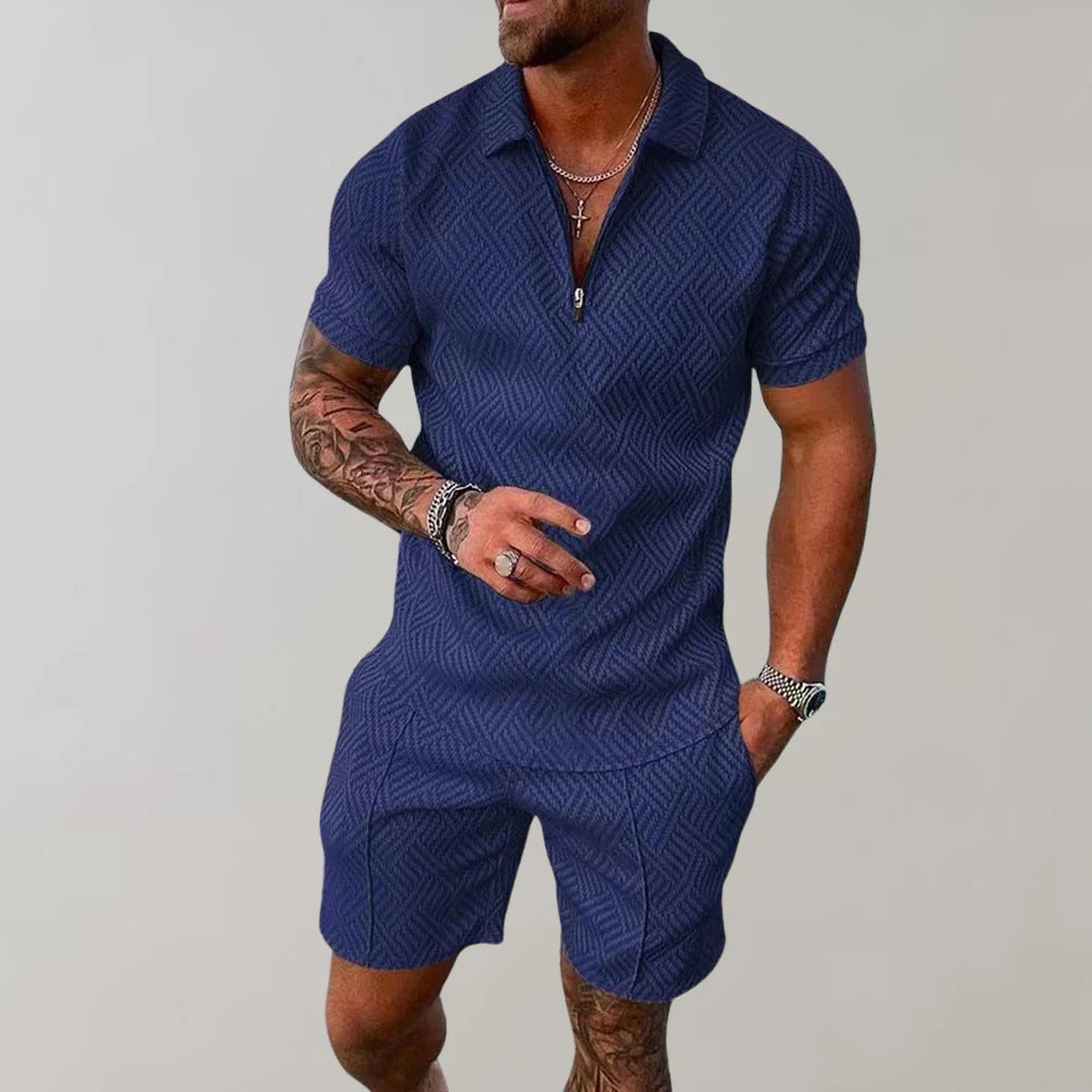Locker geschnittenes strukturiertes Herren-Set aus Poloshirt mit Reissverschluss und Shorts
