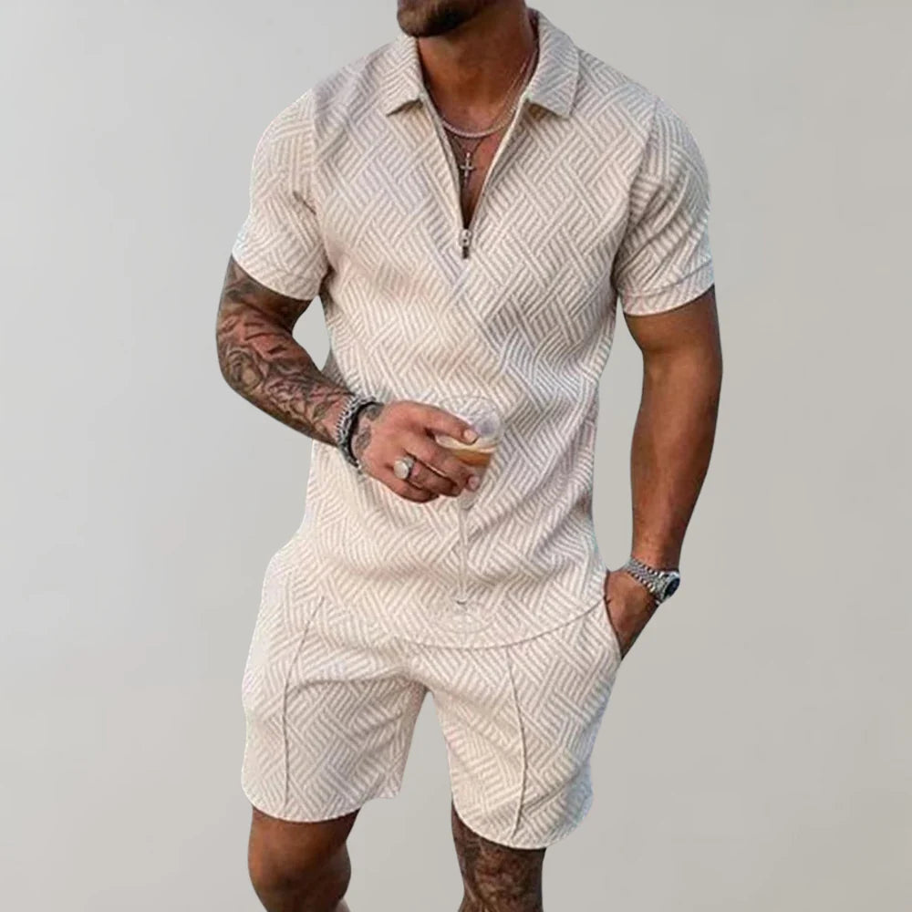 Locker geschnittenes strukturiertes Herren-Set aus Poloshirt mit Reissverschluss und Shorts