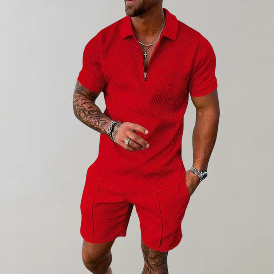Locker geschnittenes strukturiertes Herren-Set aus Poloshirt mit Reissverschluss und Shorts