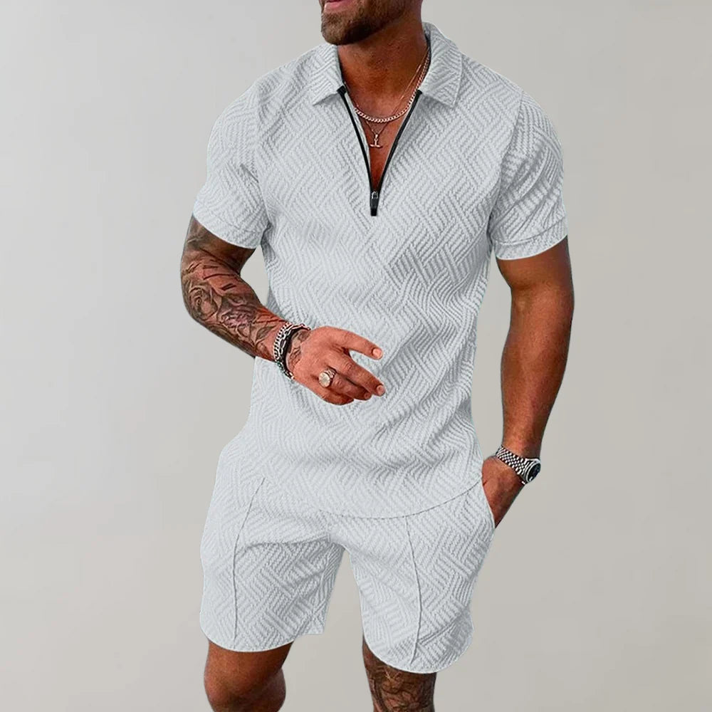 Locker geschnittenes strukturiertes Herren-Set aus Poloshirt mit Reissverschluss und Shorts