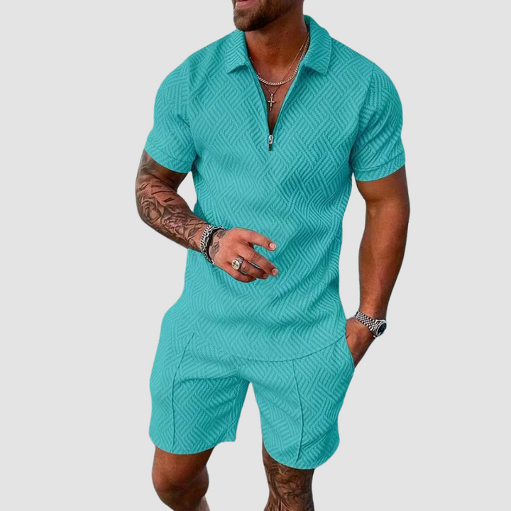 Locker geschnittenes strukturiertes Herren-Set aus Poloshirt mit Reissverschluss und Shorts