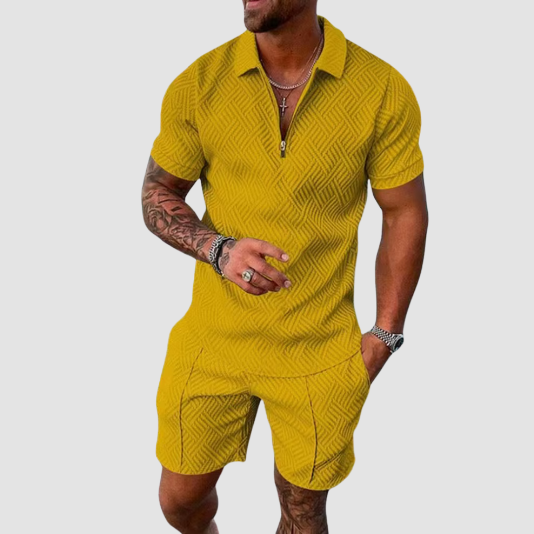 Locker geschnittenes strukturiertes Herren-Set aus Poloshirt mit Reissverschluss und Shorts