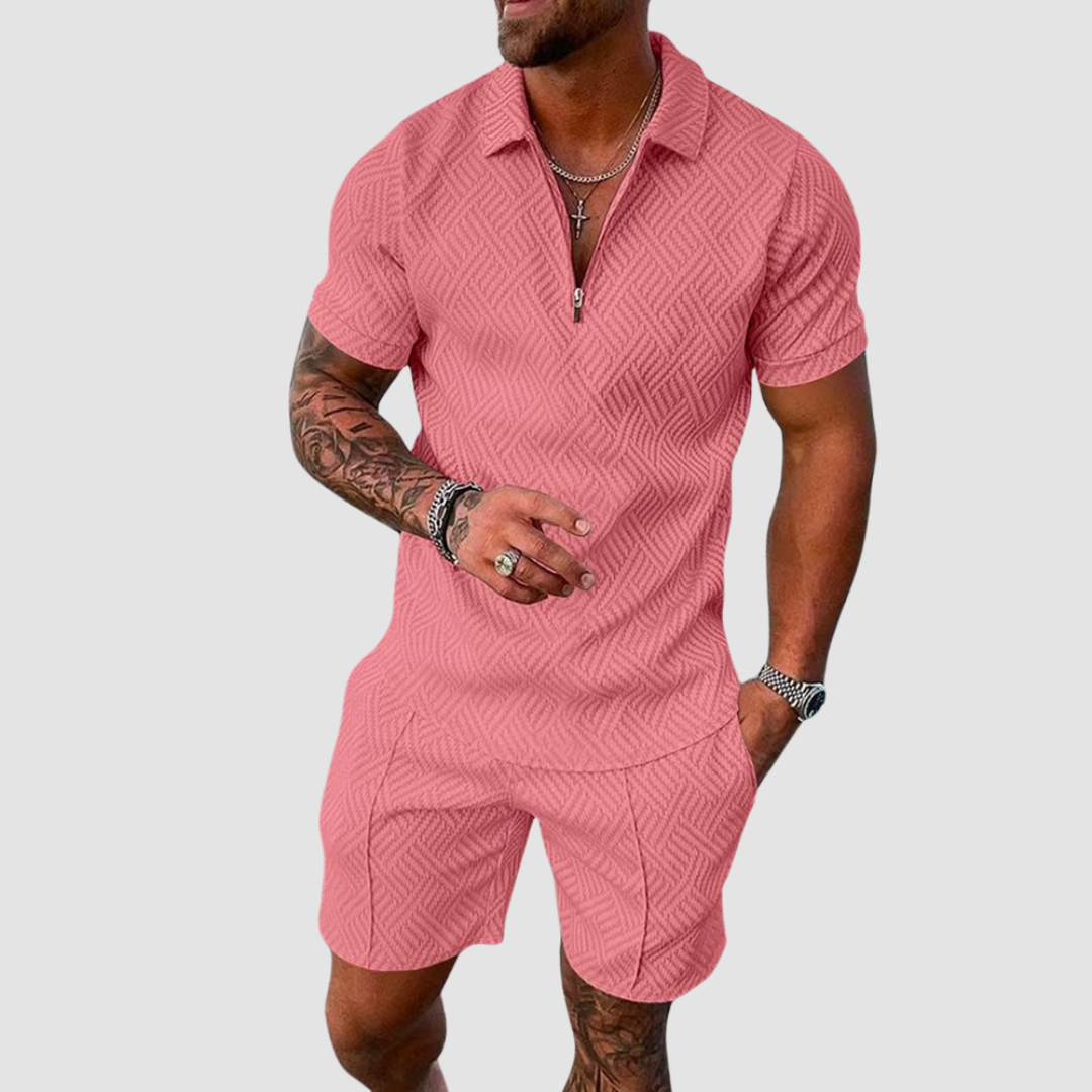 Locker geschnittenes strukturiertes Herren-Set aus Poloshirt mit Reissverschluss und Shorts