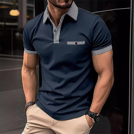 Herren Kurzarm-Poloshirt mit Hahnentrittmuster