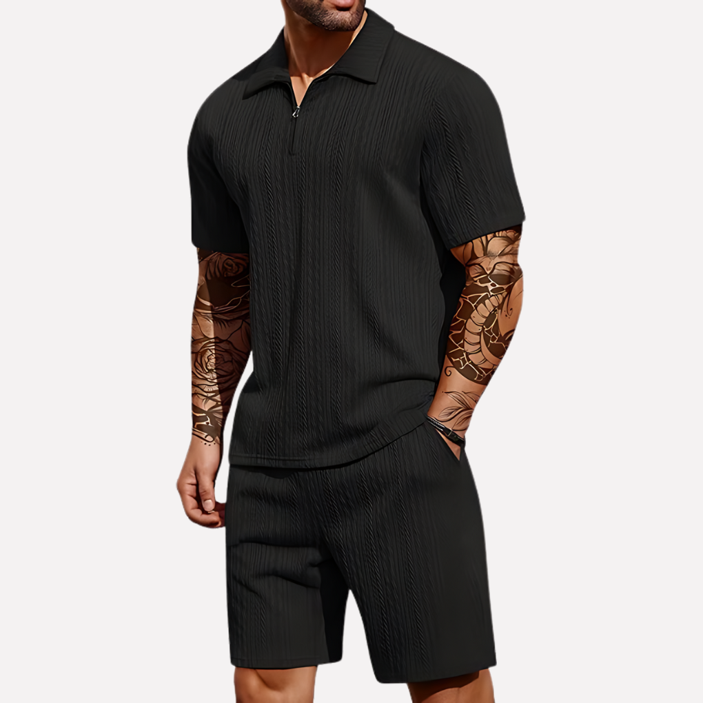 Strukturiertes Herren-Set aus Poloshirt und Shorts