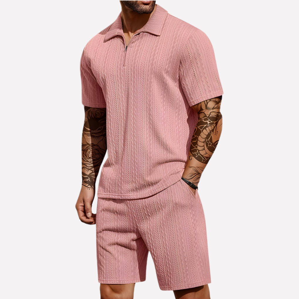 Strukturiertes Herren-Set aus Poloshirt und Shorts