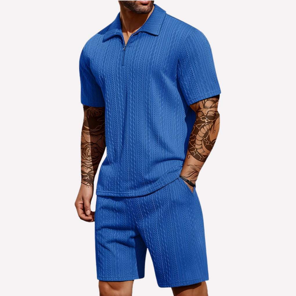Strukturiertes Herren-Set aus Poloshirt und Shorts