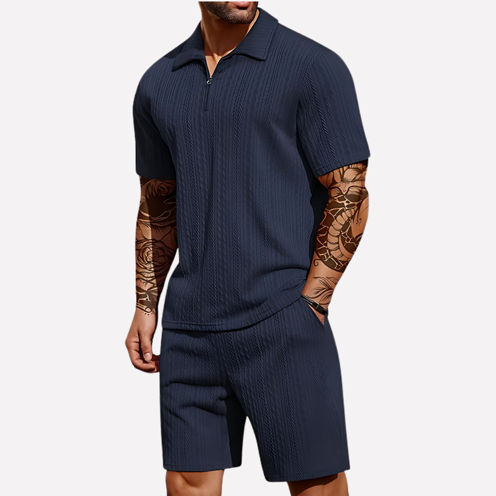 Strukturiertes Herren-Set aus Poloshirt und Shorts