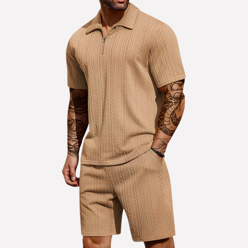 Strukturiertes Herren-Set aus Poloshirt und Shorts