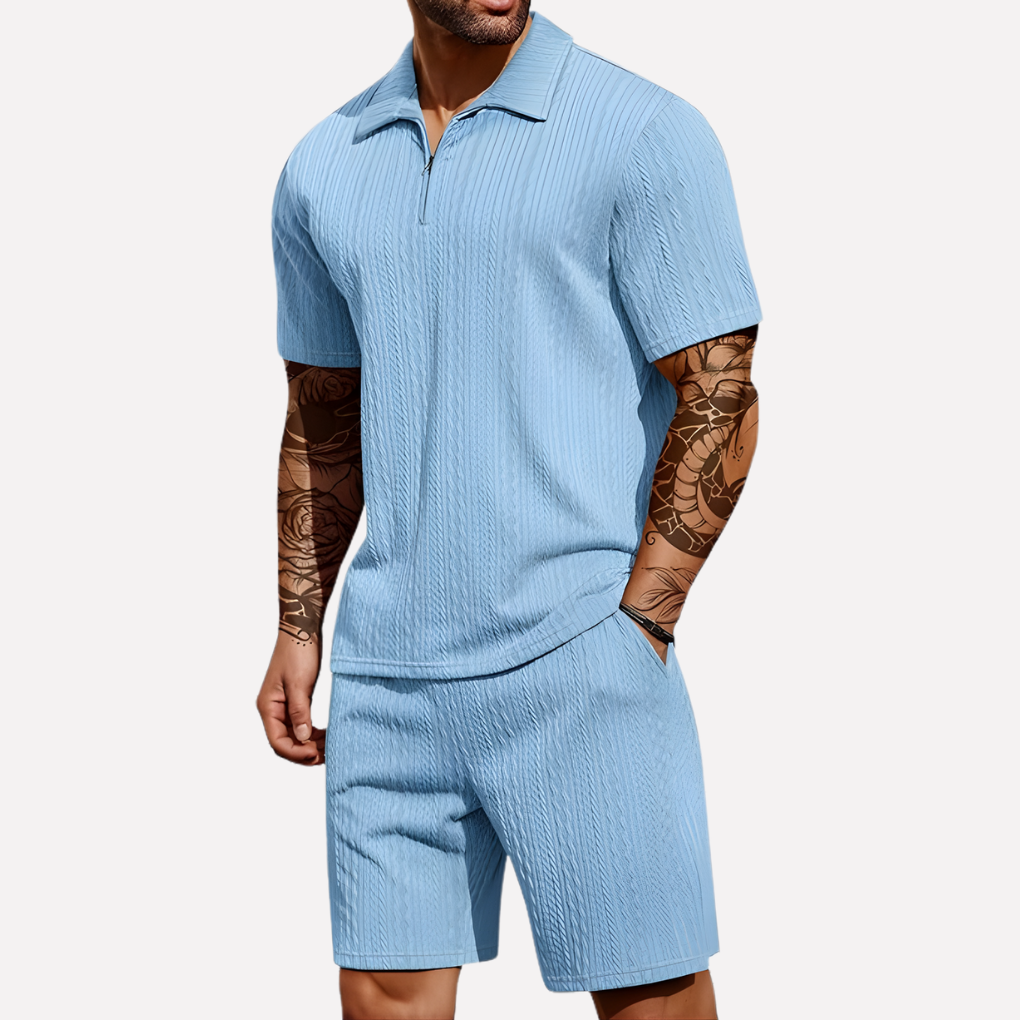 Strukturiertes Herren-Set aus Poloshirt und Shorts