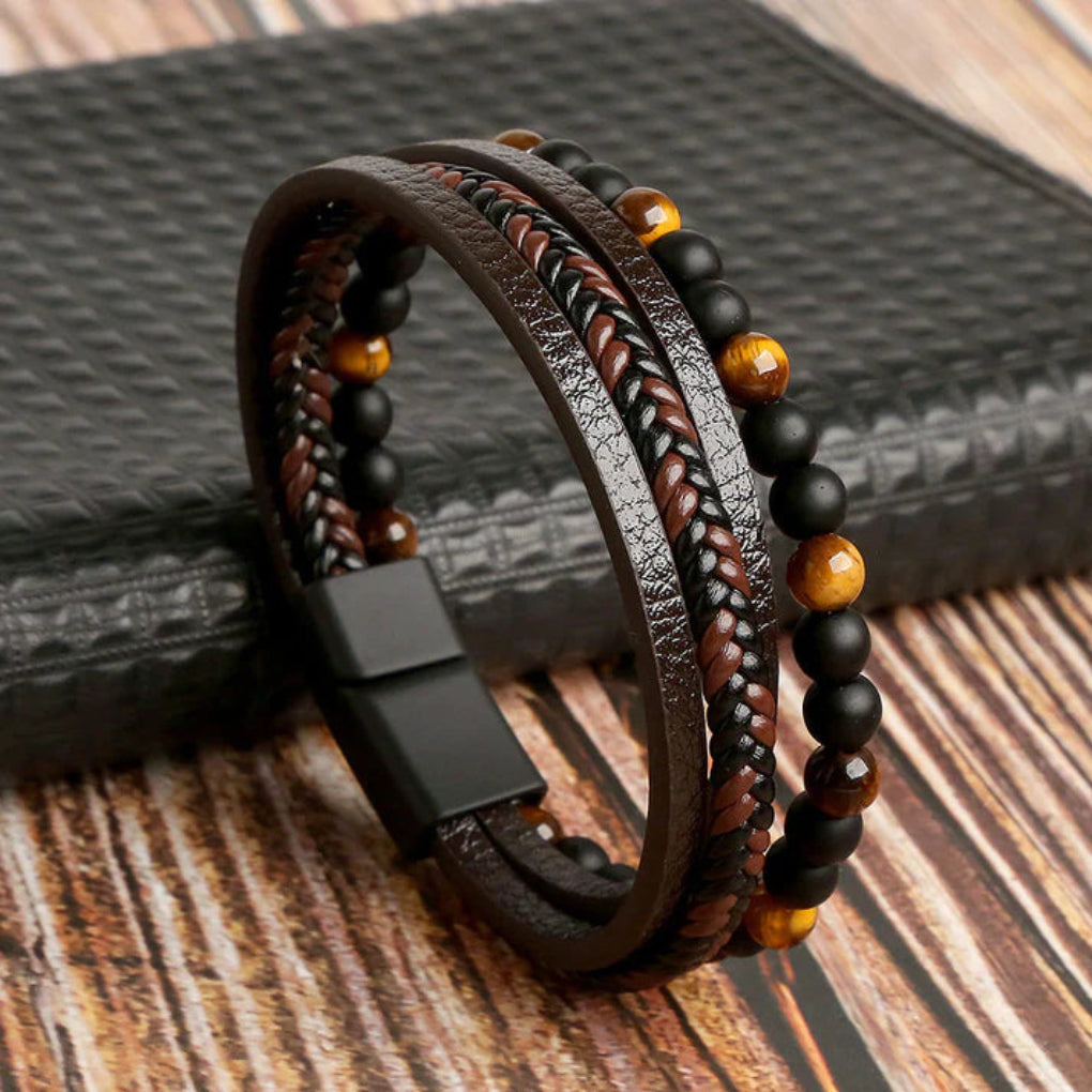 Mehrlagiges Perlenarmband für Herren aus Leder