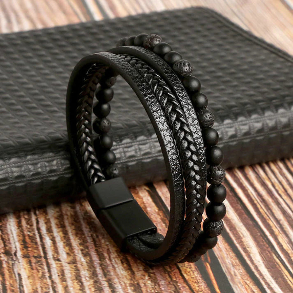 Mehrlagiges Perlenarmband für Herren aus Leder