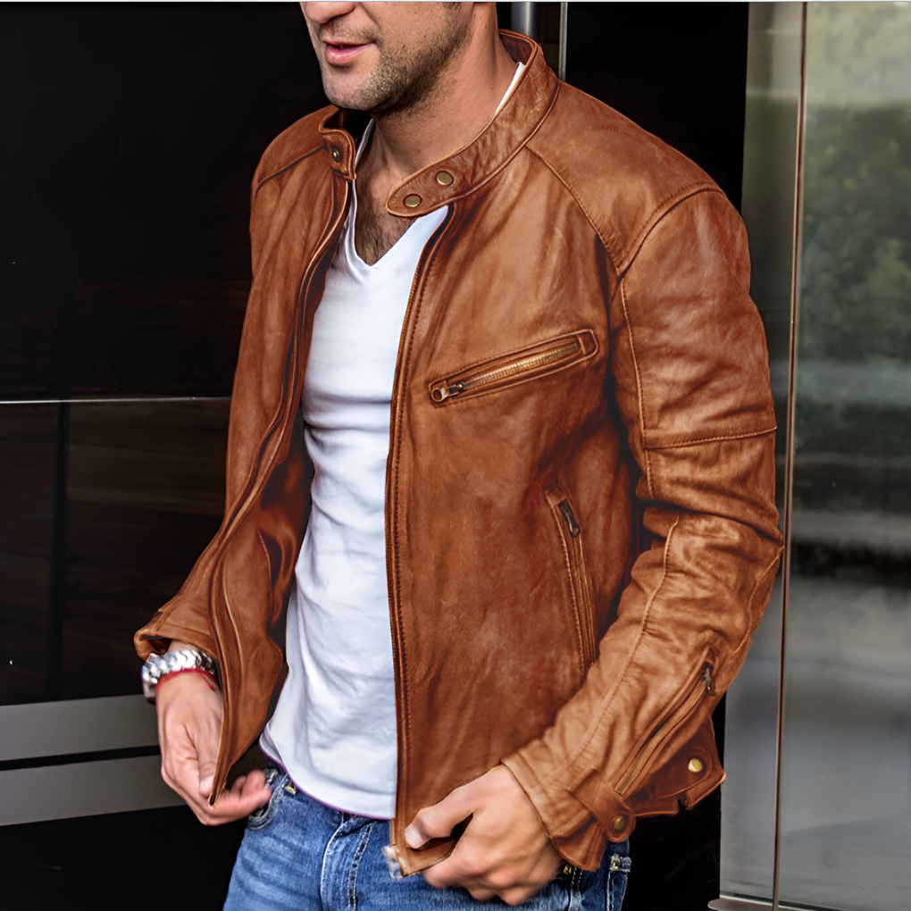 Wasserdichte Herren-Lederjacke mit Reissverschluss-Detail