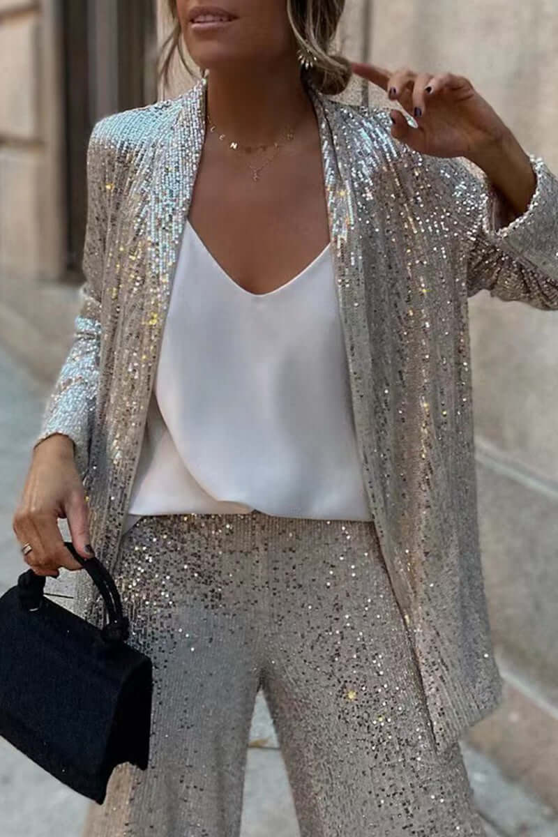 Paillettenbesetztes Set aus langärmligem Blazer und Hose