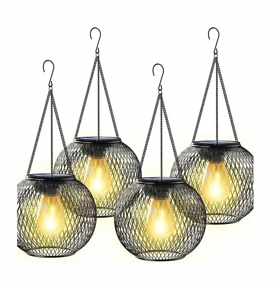 Hängende Solar-Aussenlaternen im Retro-Stil mit LED-Filament-Leuchtmittel und Metallgitter, wasserdichte Ausführung