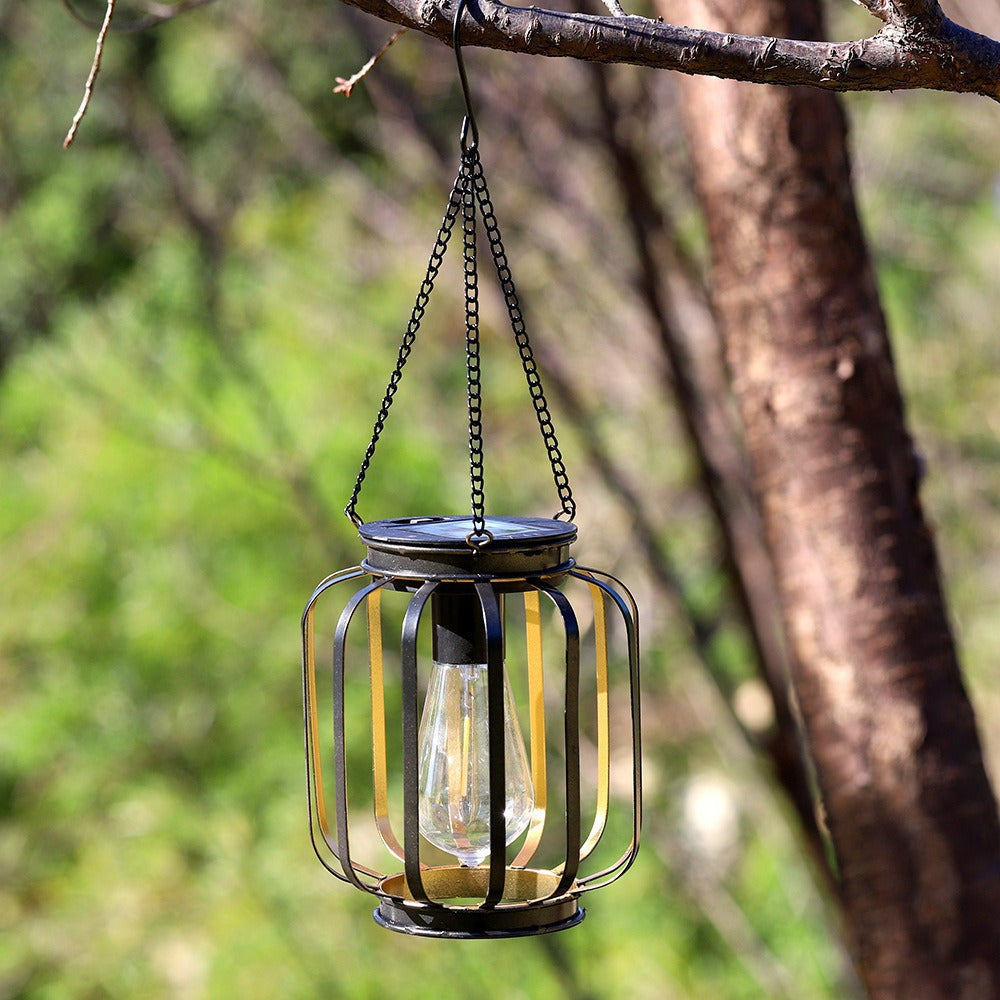 Hängende Solar-Aussenlaternen im Retro-Stil mit LED-Filament-Leuchtmittel und Metallgitter, wasserdichte Ausführung