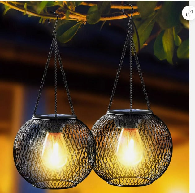 Hängende Solar-Aussenlaternen im Retro-Stil mit LED-Filament-Leuchtmittel und Metallgitter, wasserdichte Ausführung