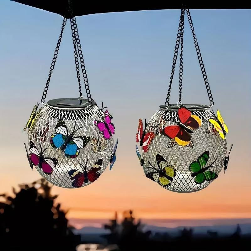 Hängende Solar-Aussenlaternen im Retro-Stil mit LED-Filament-Leuchtmittel und Metallgitter, wasserdichte Ausführung