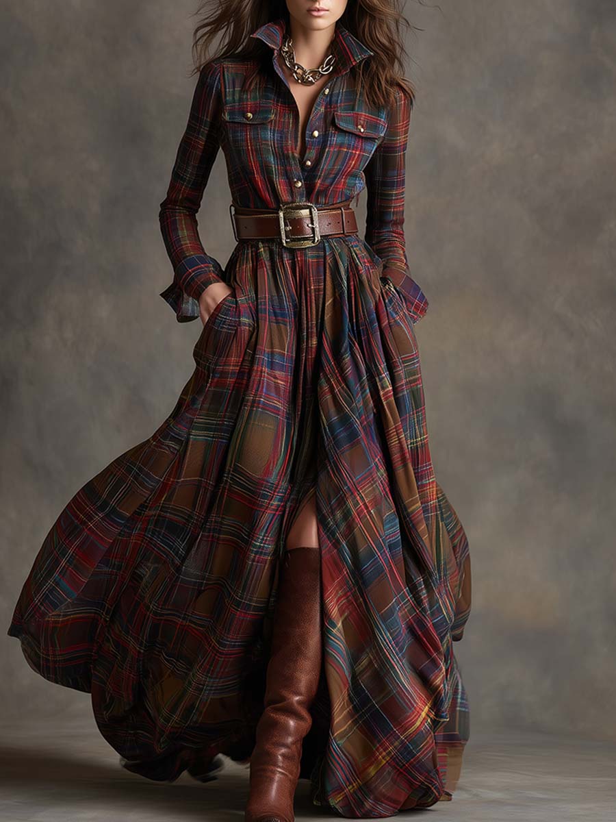 Geknöpftes kariertes Damen-Maxikleid