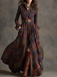 Geknöpftes kariertes Damen-Maxikleid